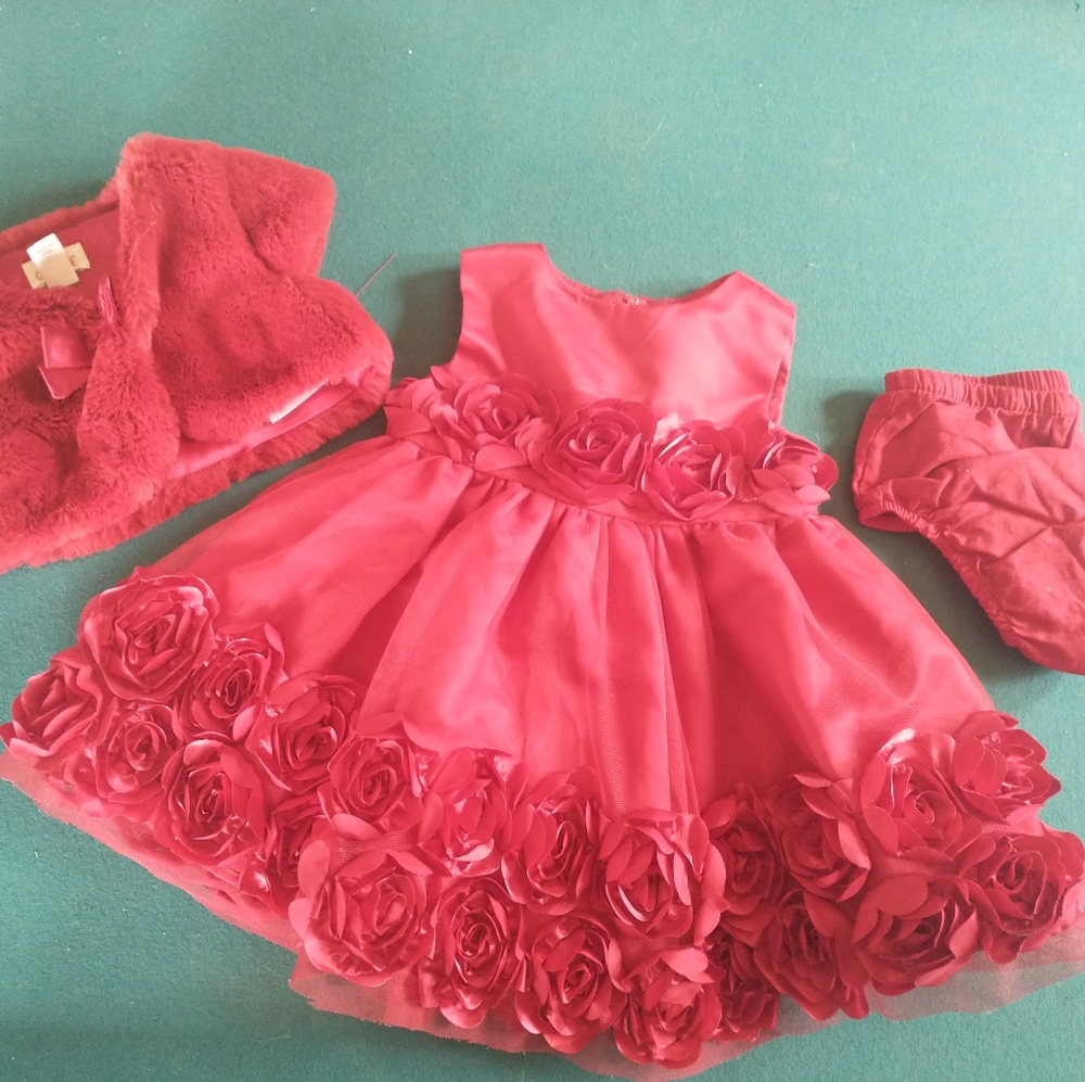 Baby holiday dress, red, fur cardigan,diaper cover